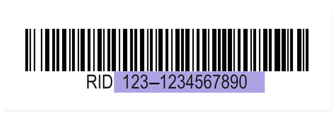 A example ticket showing the text number higlighted. The example number is three digits then a hyphen followed by ten digits. The ticket number does not include the preceeding letter RID
